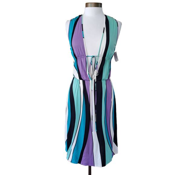 NWT MOSCHINO Cheap & Chic Plunge Neckline Mini Dress Sz 8 Purple Turquoise Wave
